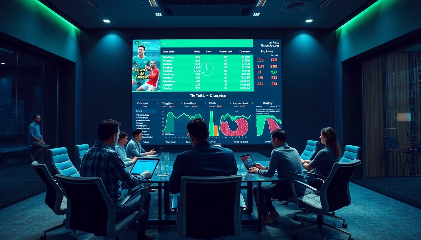 A dynamic sports analysis room showcasing live football betting odds ("%tỷ lệ kèo%") on a large digital display, embodying professionalism.