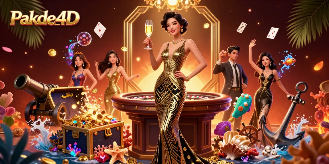 Pakde4D's elegant Asian woman celebrates wins at a glamorous casino with floating playing cards and gold coins.
