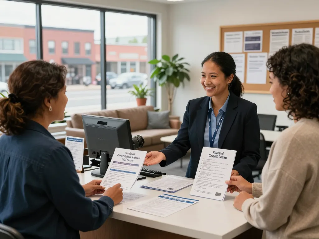 Maine federal credit union representative assisting diverse couple in a welcoming office