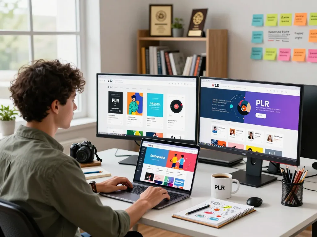Buy PLR Digital Products showcased on a modern workspace, featuring vibrant eBooks and online course materials for entrepreneurs.