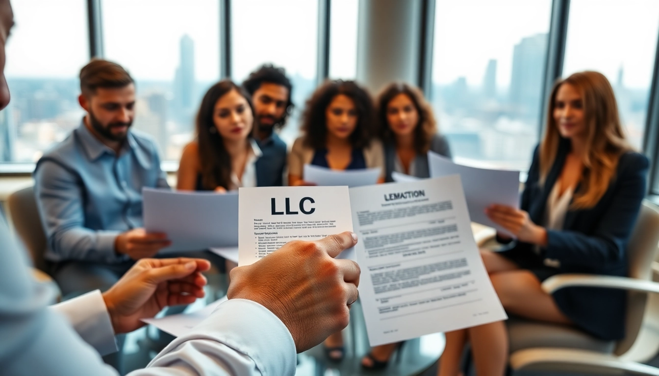 Individuals discussing Forms to create an LLC in a modern office.