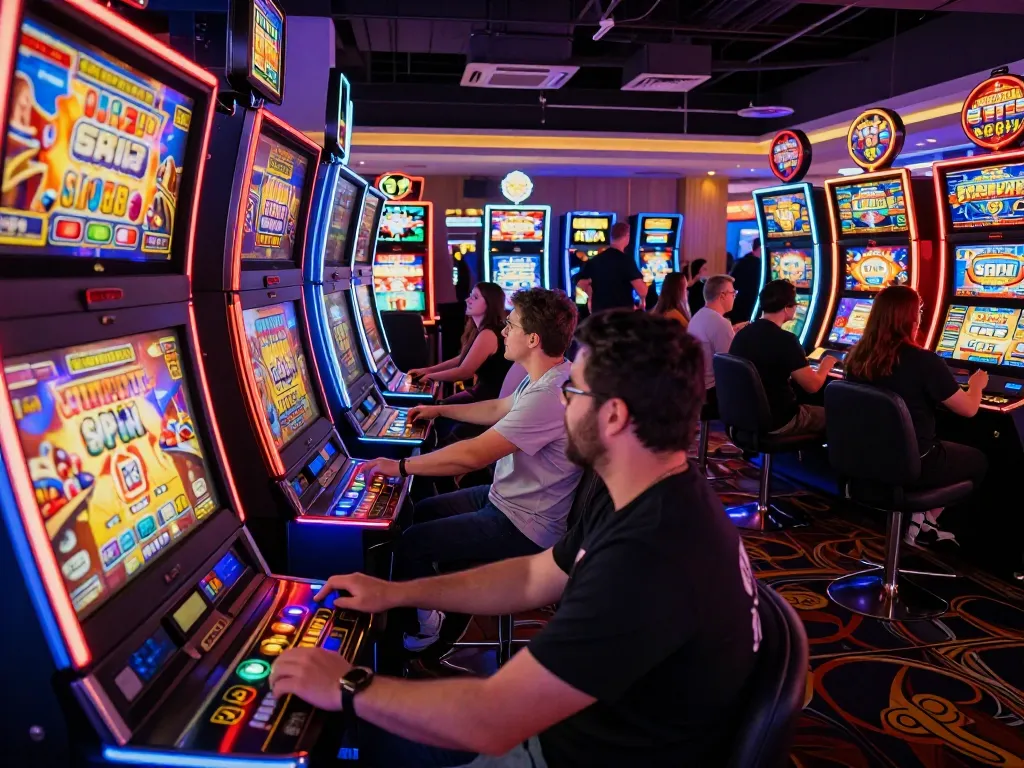 Players at casino slot machines engaging in thrilling slot bet 200 spins amidst vibrant neon lights.