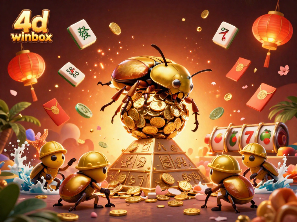 Engage with 4d winbox in a dynamic scene showcasing golden beetles and casino elements.
