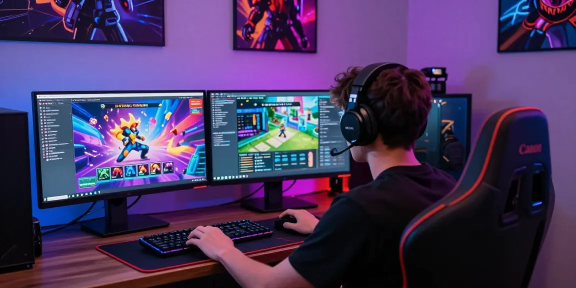 Player engaging in HTML porn games on multiple screens in a modern gaming setup