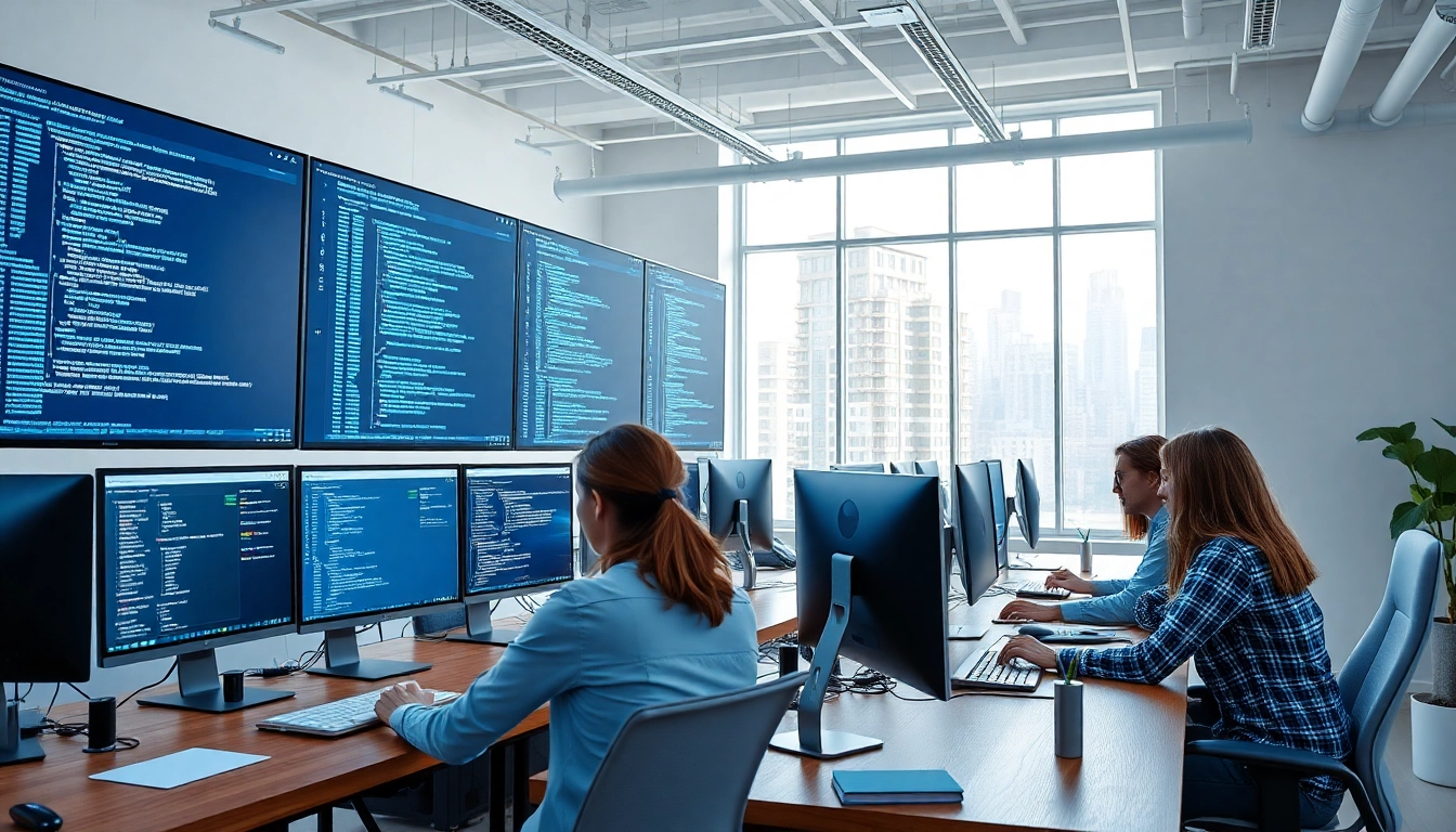 Dynamic web development company team working together in a modern office setting.