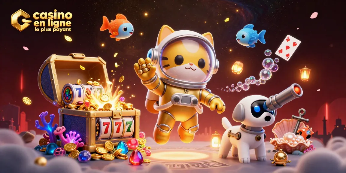 Visuel captivant du casino en ligne le plus payant avec un chat astronaute et des éléments de jeu dans un décor vibrant.