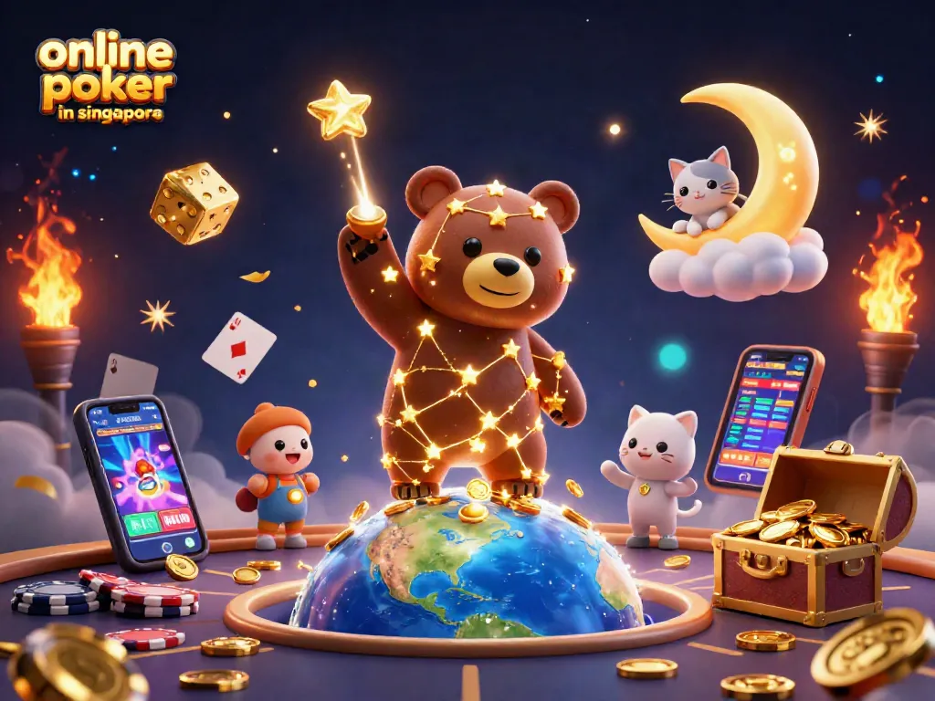 Engage in online poker in Singapore with vibrant casino-themed 3D characters and elements.