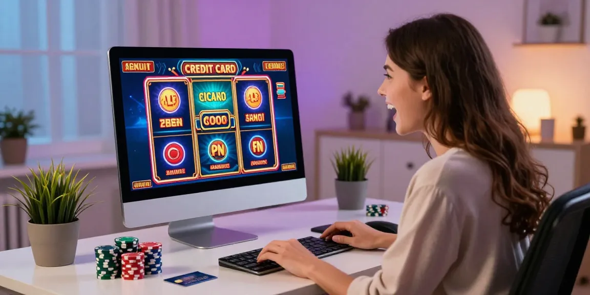 Excited player at credit card casinos enjoying online slots with colorful graphics and casino chips.