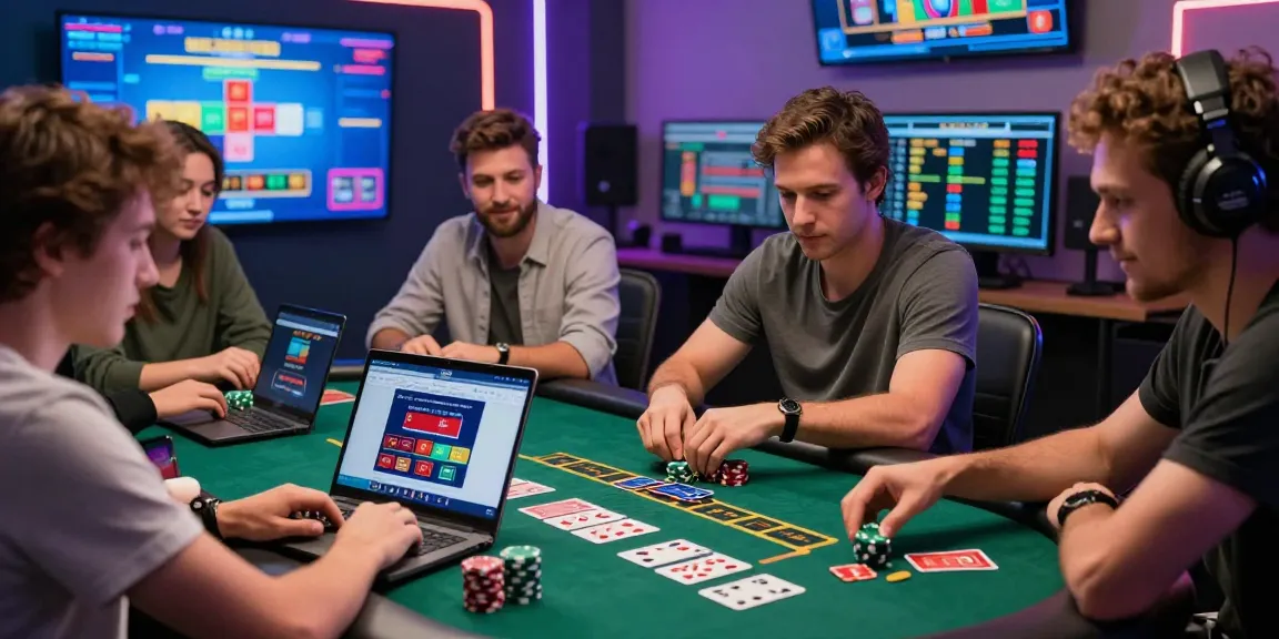 Players enjoying games at credit card casinos, laptops showing casino sites and colorful chips on virtual table.