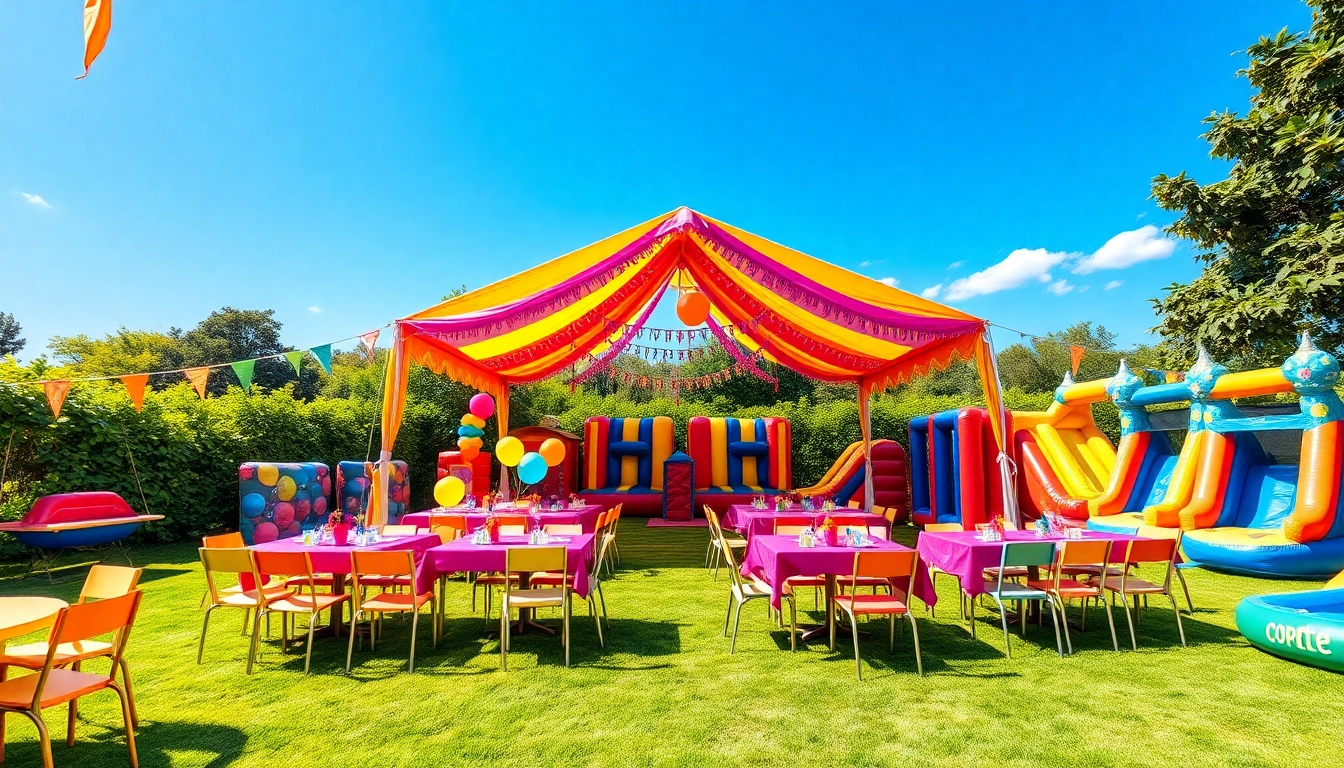 Party Rentals Near Me showcase vibrant outdoor setup with colorful tents and chairs.