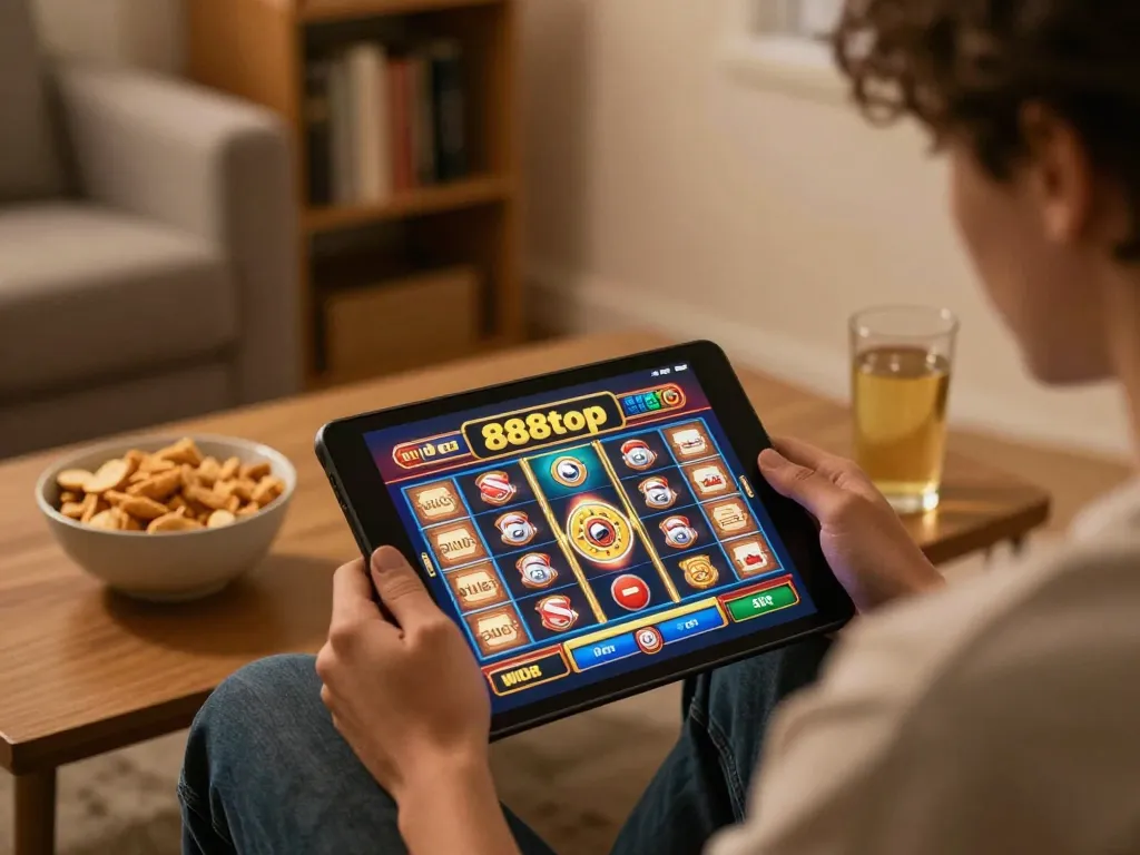 Player exploring exciting slot games on 888top in a relaxed home setting