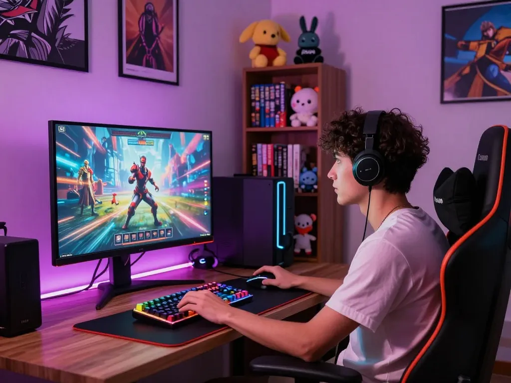 Gamer engaged in playing engaging porno games at a stylish home setup.