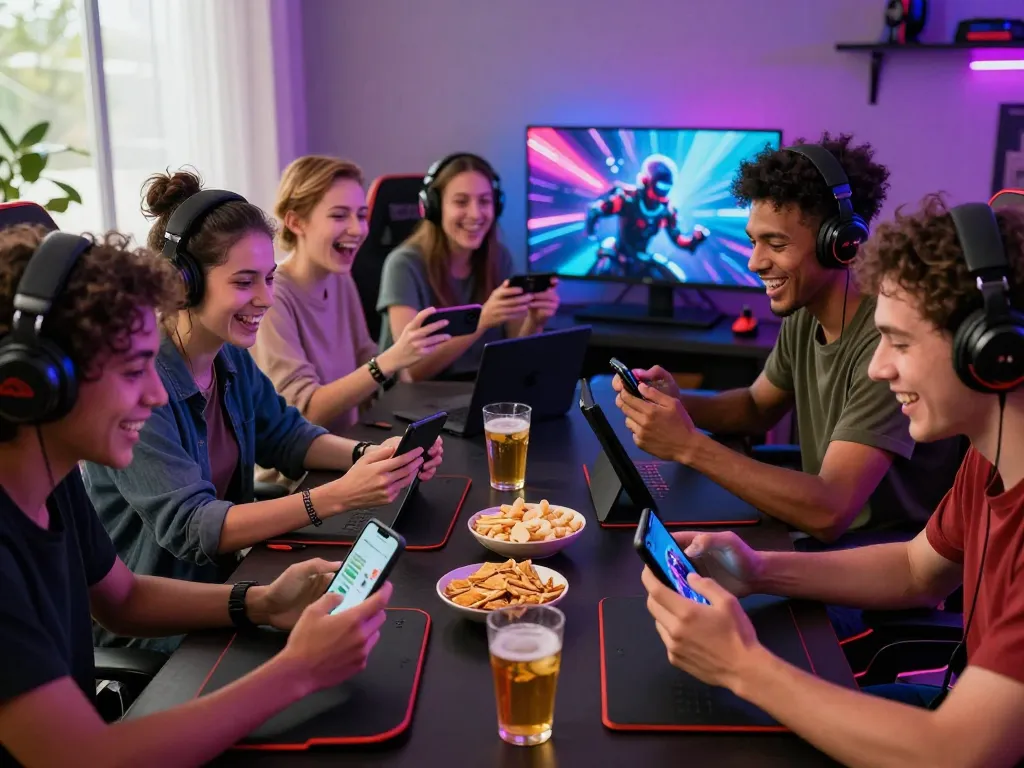 Friends enjoying online gaming with go88 mobile app in vibrant atmosphere