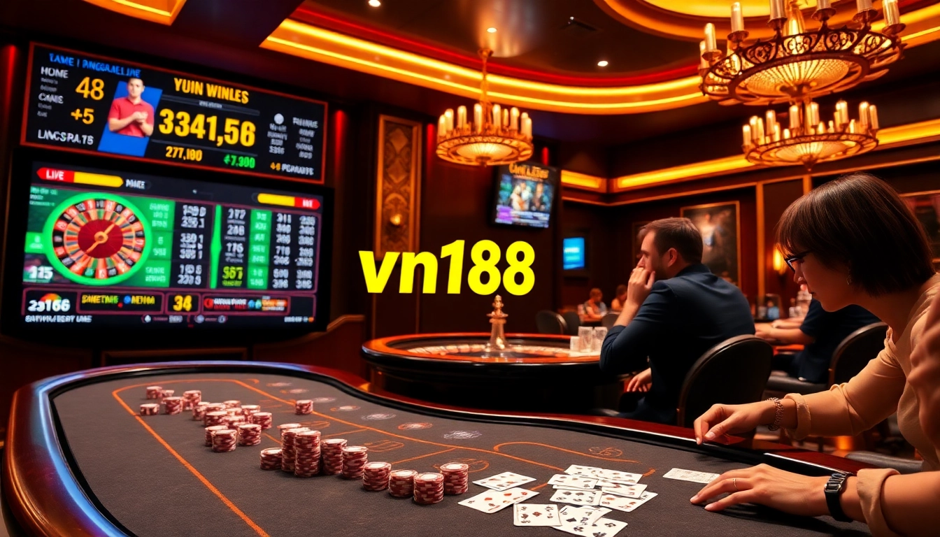 Experience the thrill of gambling with vn168 at a luxurious casino table filled with chips and cards.
