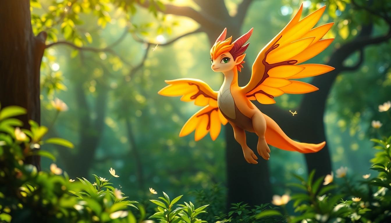 Sora, a mythical creature soaring gracefully through a magical forest, surrounded by lush greenery and sunlight.