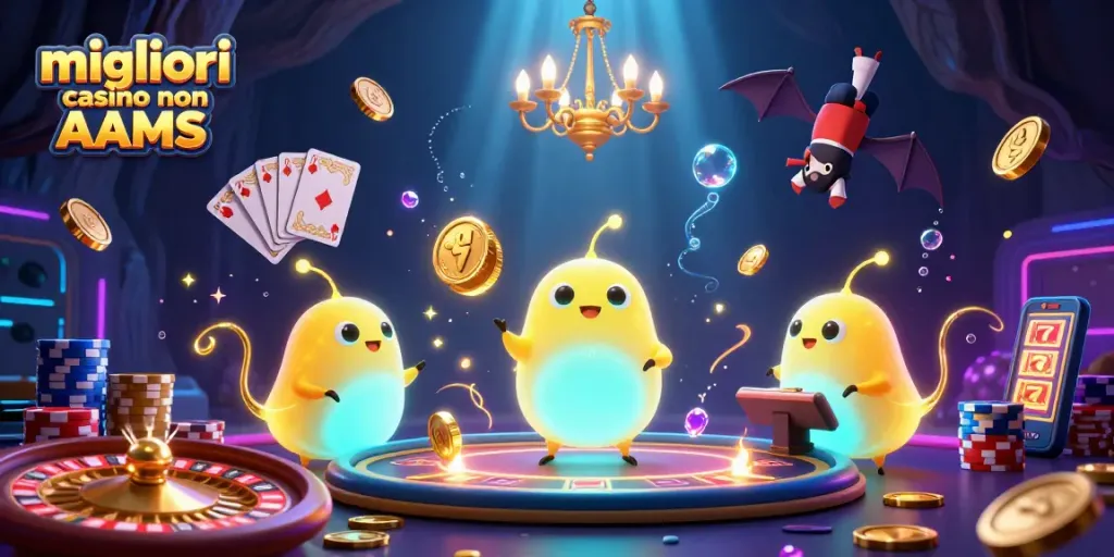 Scopri i migliori casino non AAMS con l'illustrazione vivace di un casinò animato. Gioca e vinci!