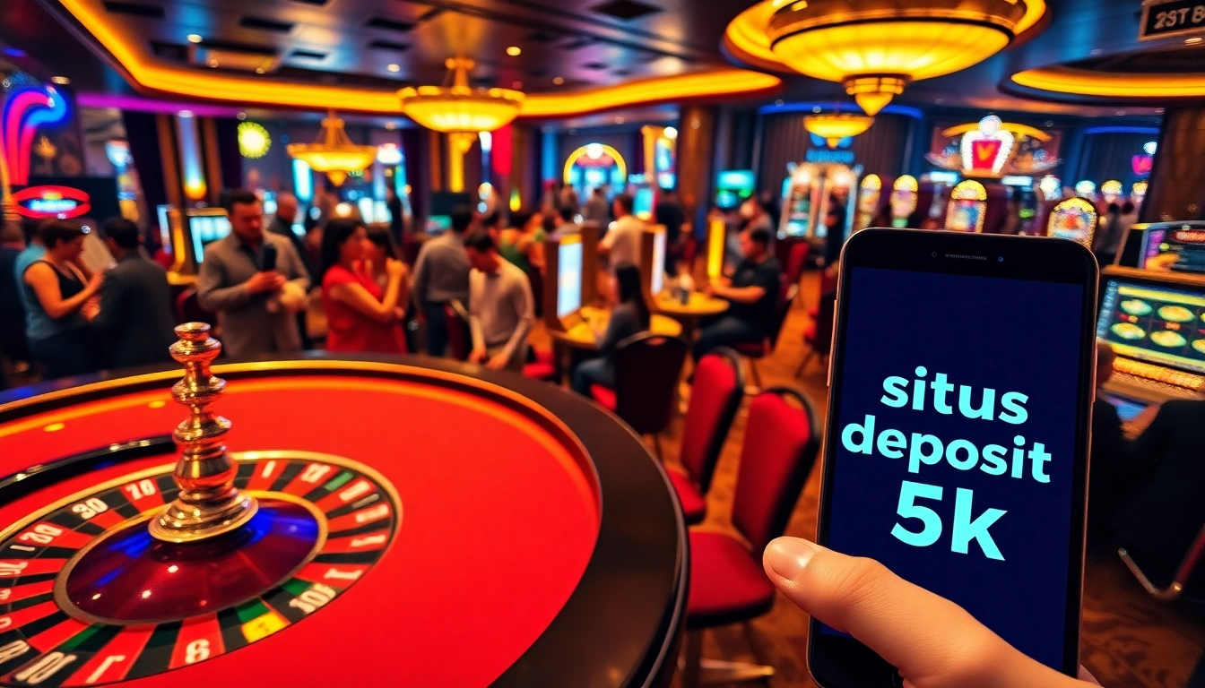 Rasakan sensasi situs deposit 5k di kasino yang meriah dengan meja poker dan roda roulette.