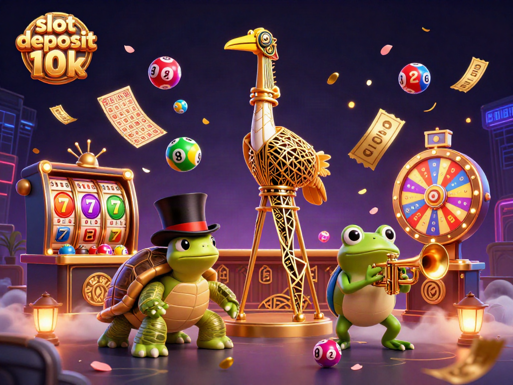 Experience exciting action in slot deposit 10k with vibrant game elements and 3D characters in a dynamic casino scene.