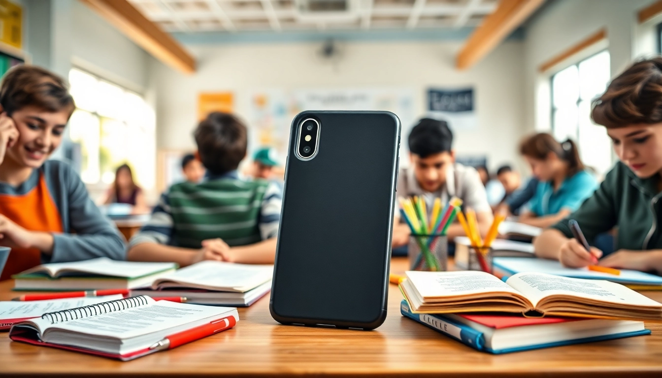 Schüler benutzen die Handytasche Schule beim Lernen in einem hellen Klassenzimmer.