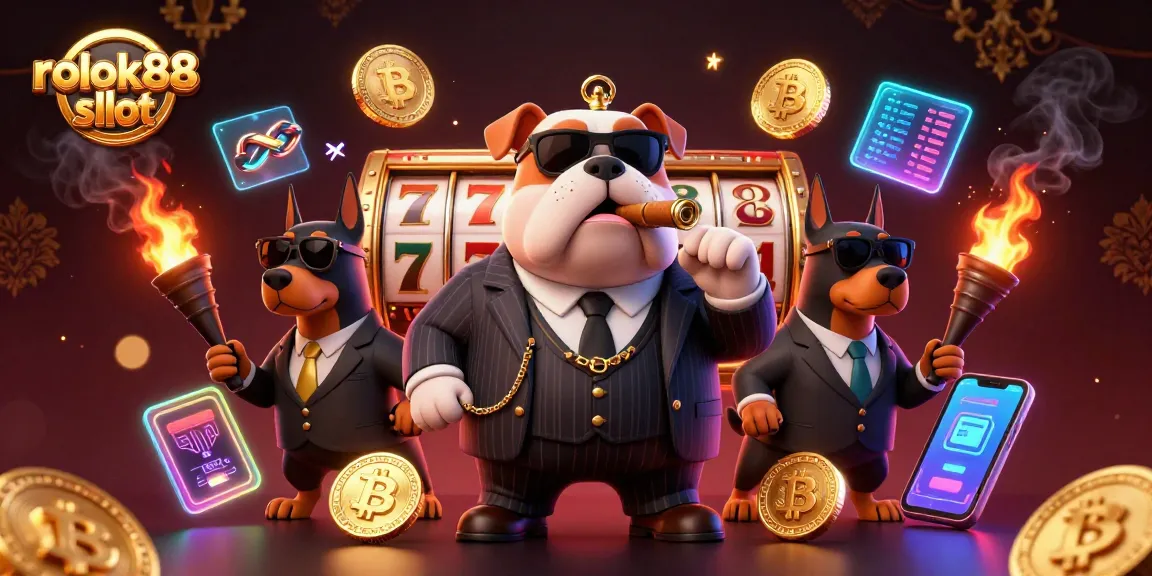 Engage with rokok88 slot in a vibrant 3D scene featuring a mafia bulldog and Doberman bodyguards, surrounded by gaming tokens.