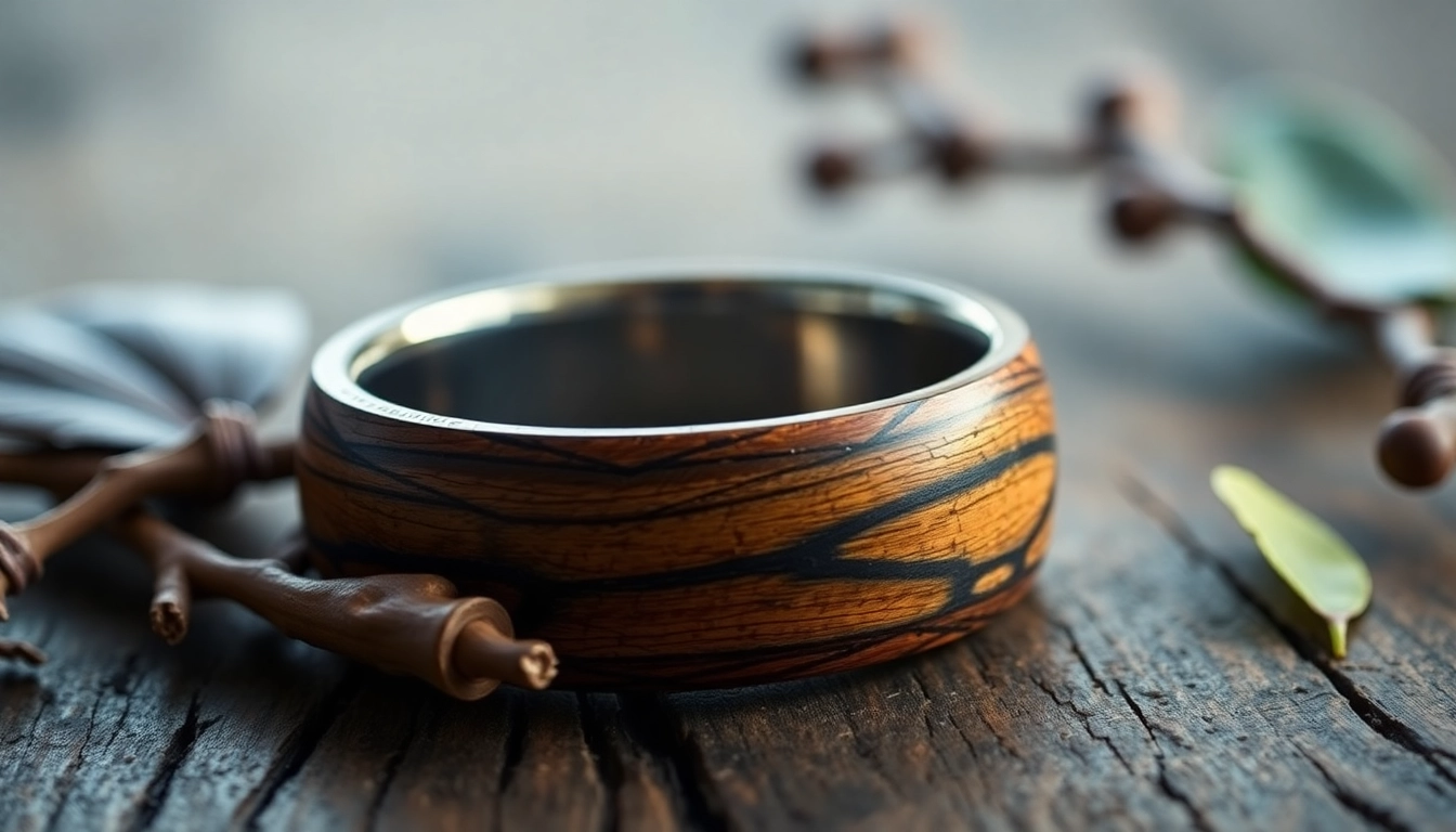 Admire the unique Whiskey Barrel Wedding Bands on rustic wood, showcasing intricate grain patterns.