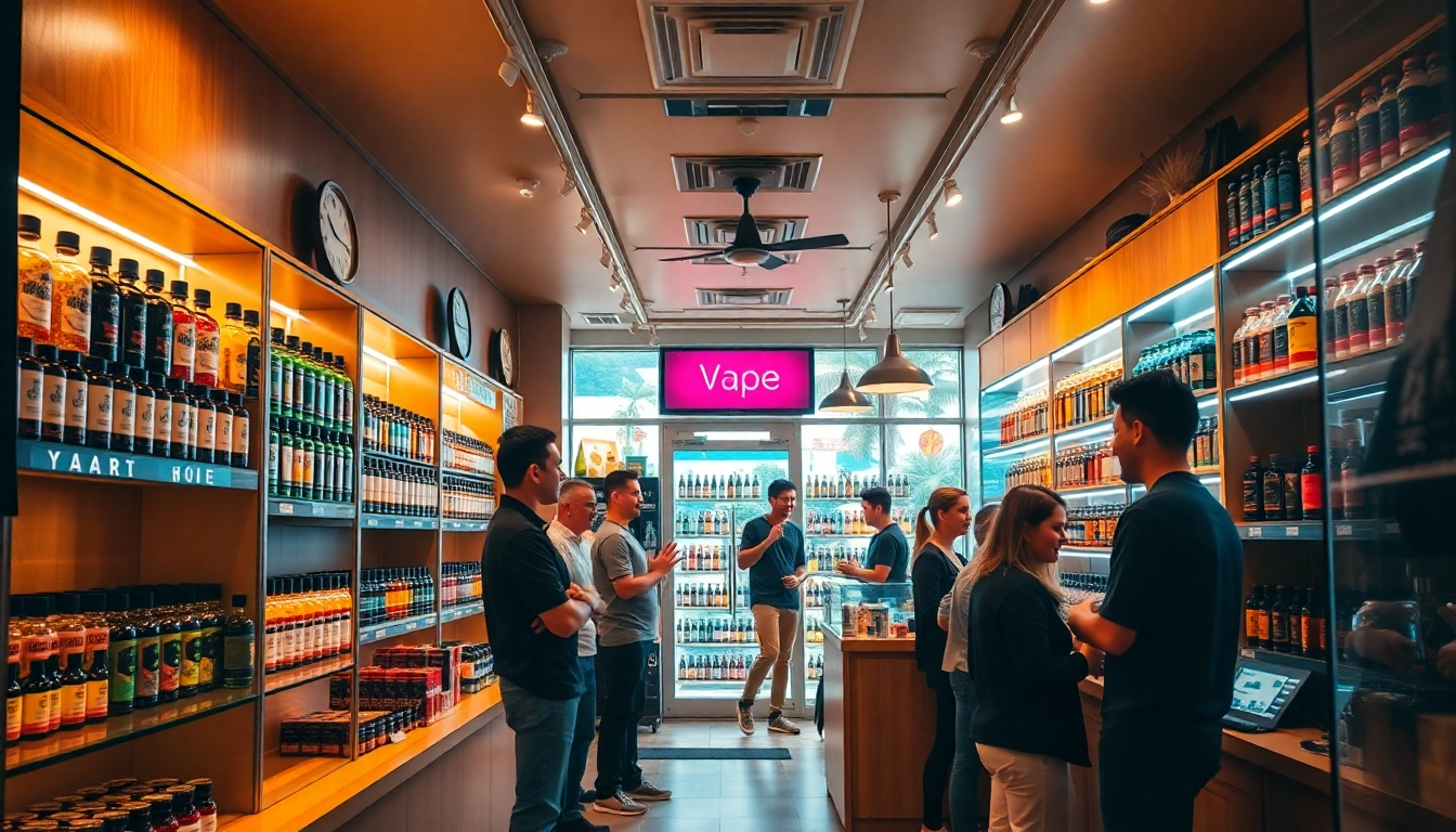 Customers exploring vape juice depot offerings in a vibrant, inviting shop setting.