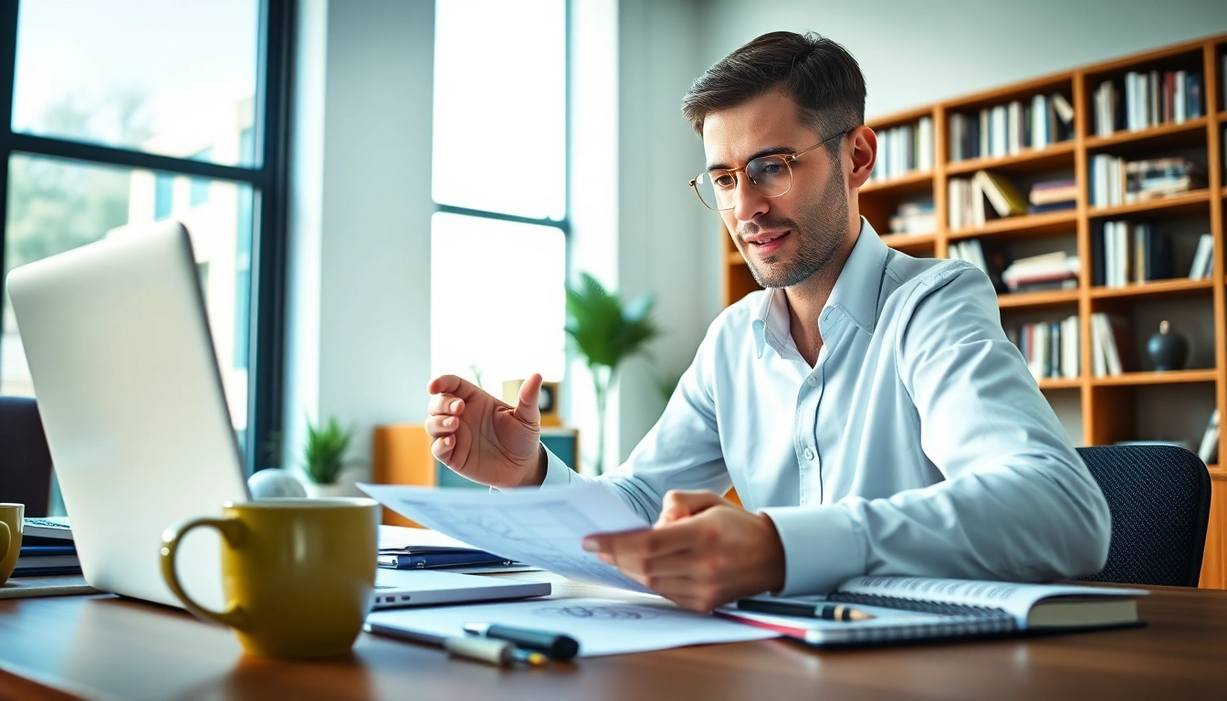 Consultant reviewing grants and pre-post award compliance documents in a modern office.