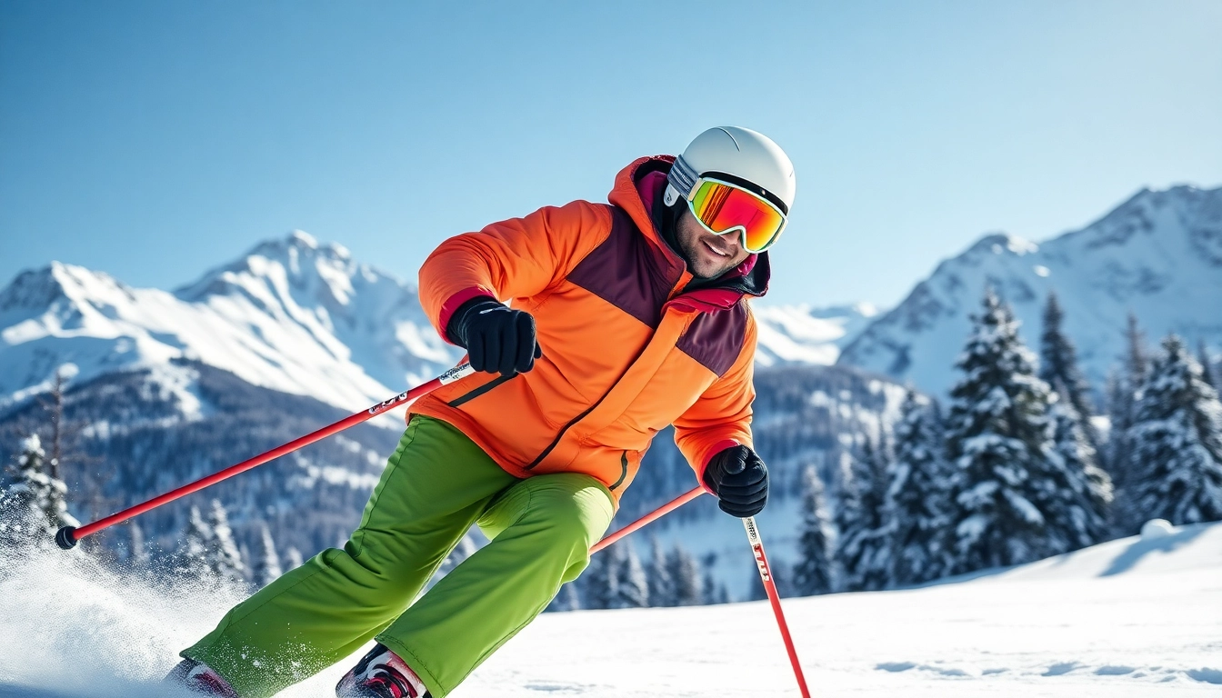 Skier showcasing insulated ski wear amidst snowy mountains, highlighting performance and style.