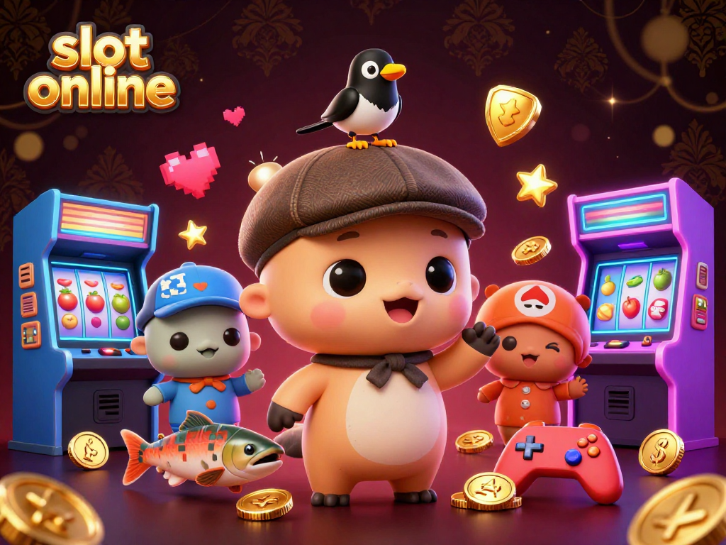 Spin the reels of online slots with charming characters in action-packed gaming scene.