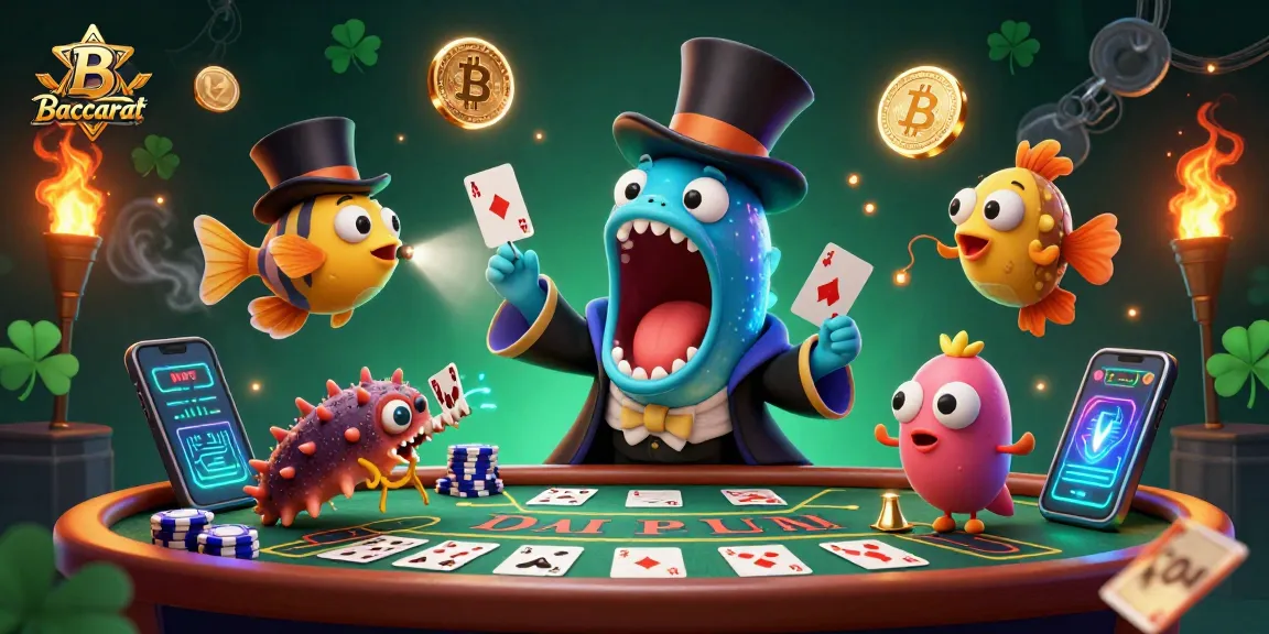 Baccarat card game in a magical underwater setting featuring a bioluminescent eel performing tricks