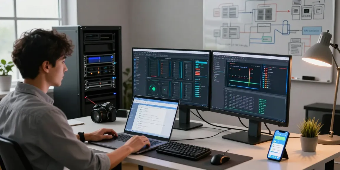 IT specialist managing servidores vps windows on multiple monitors in a modern workspace with technical diagrams.