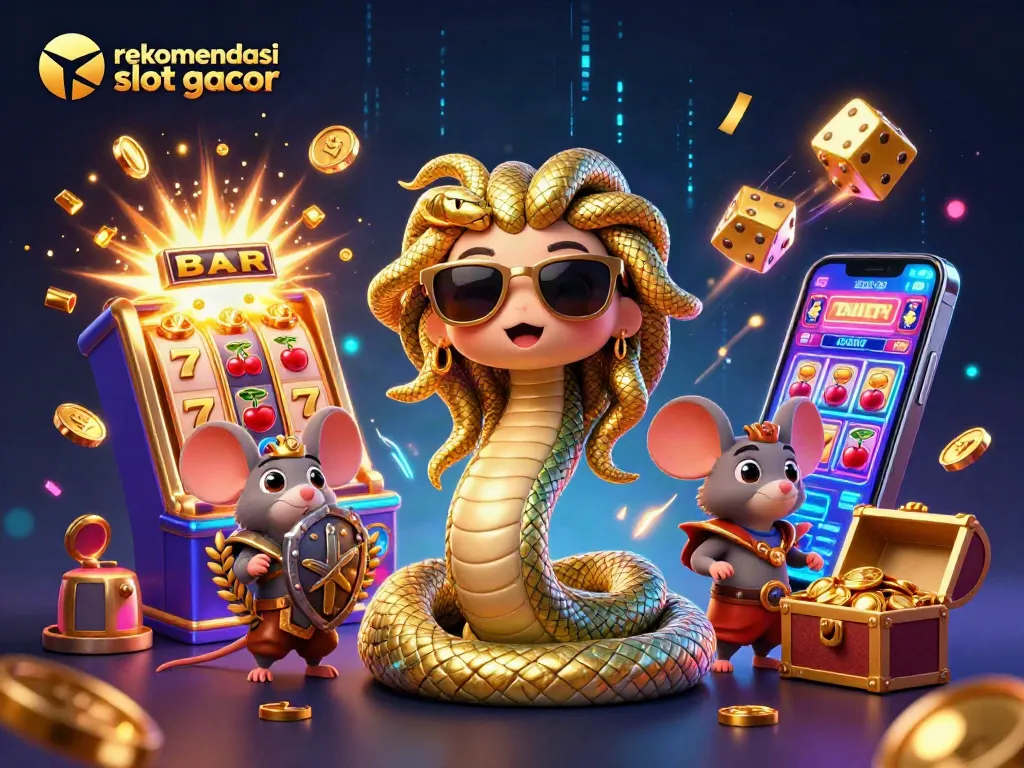 Rekomendasi slot gacor menampilkan Medusa dan mouse pejuang di adegan kasino yang ceria.