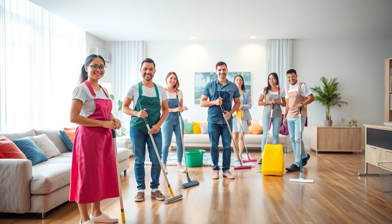 Team performing a cleaning service in a modern home with bright, organized interiors.