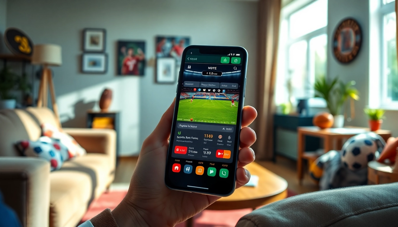 Engage with the best sports betting apps India on a smartphone in a cozy sports-themed living room.