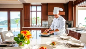 St Martin Private Chef meticulously plating an exquisite dish in a luxurious villa kitchen.