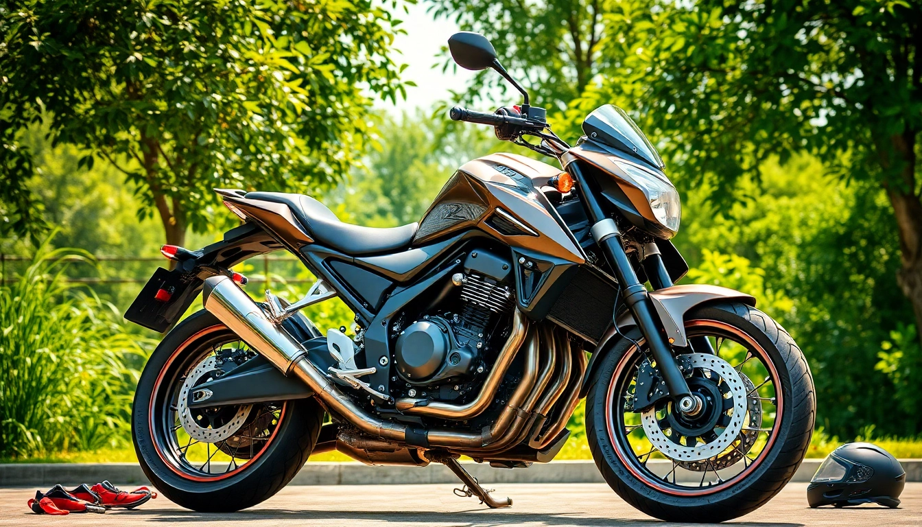 Motorrad gebraucht elegant präsentiert mit Zubehör im Freien