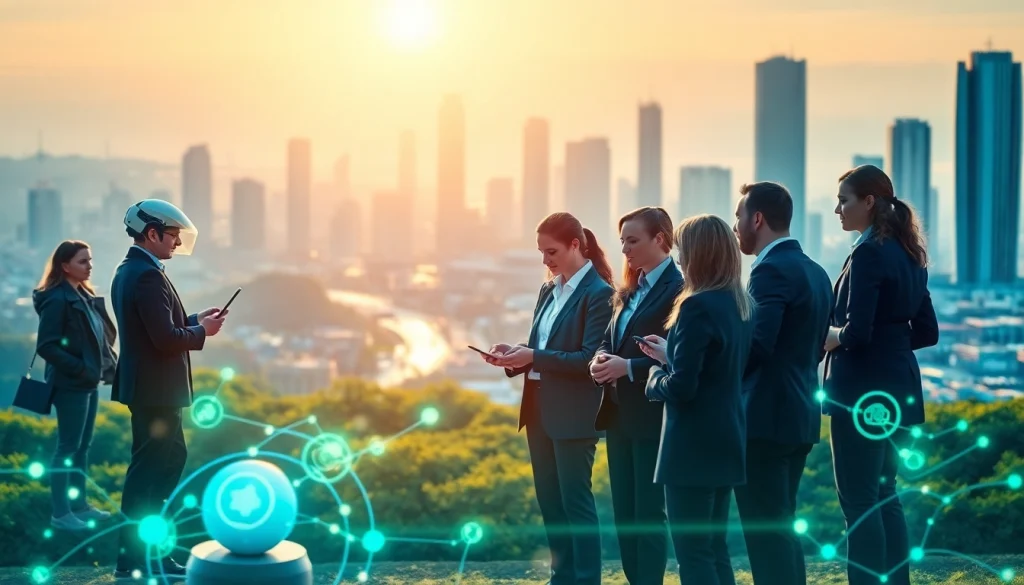 Showcase of Technology with diverse professionals engaging in innovation against a vibrant city background.