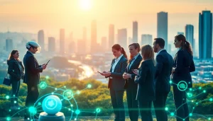 Showcase of Technology with diverse professionals engaging in innovation against a vibrant city background.