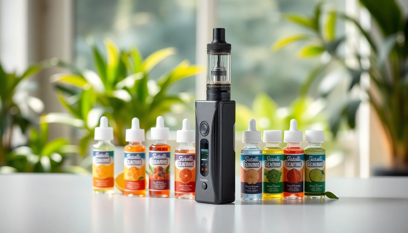 Genießen Sie ein stilvolles vape ohne nikotin mit bunten E-Liquids auf einem minimalistischen Schreibtisch.