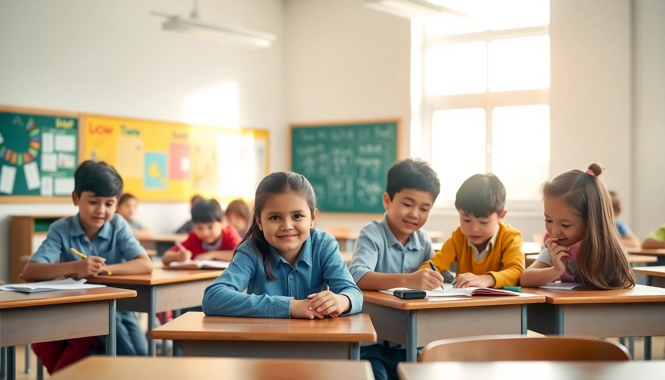 Engaged students participating in collaborative Education activities inside a bright classroom.