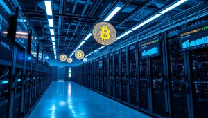 Bitcoin mining facility with advanced ASIC miners showcasing real-time performance data.