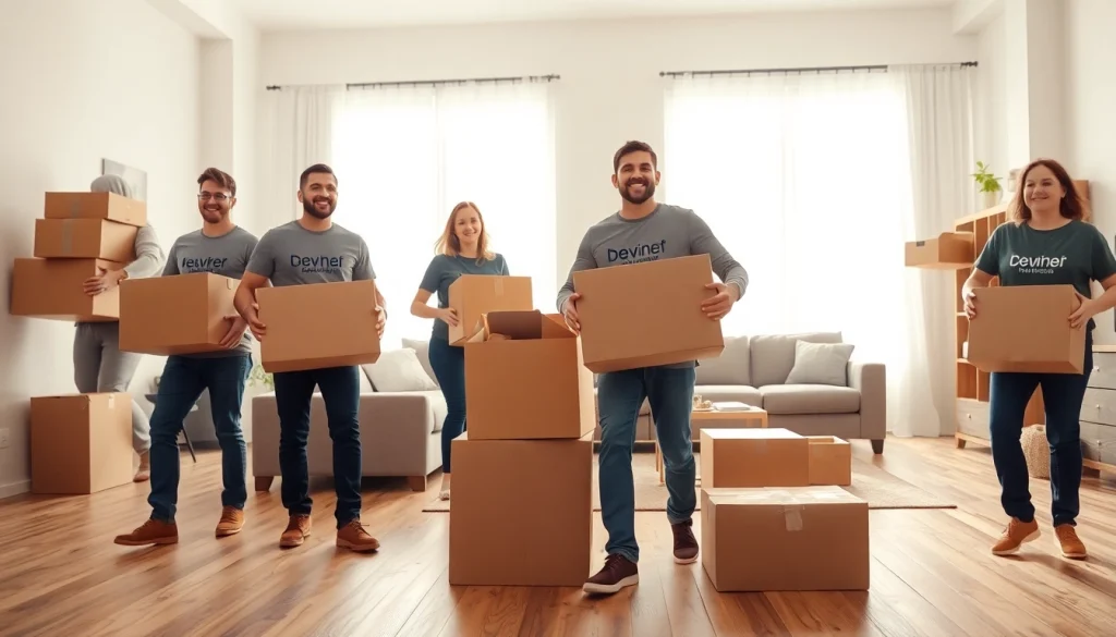 Efficient Toronto movers efficiently organizing boxes in a bright living room space.
