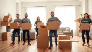 Efficient Toronto movers efficiently organizing boxes in a bright living room space.