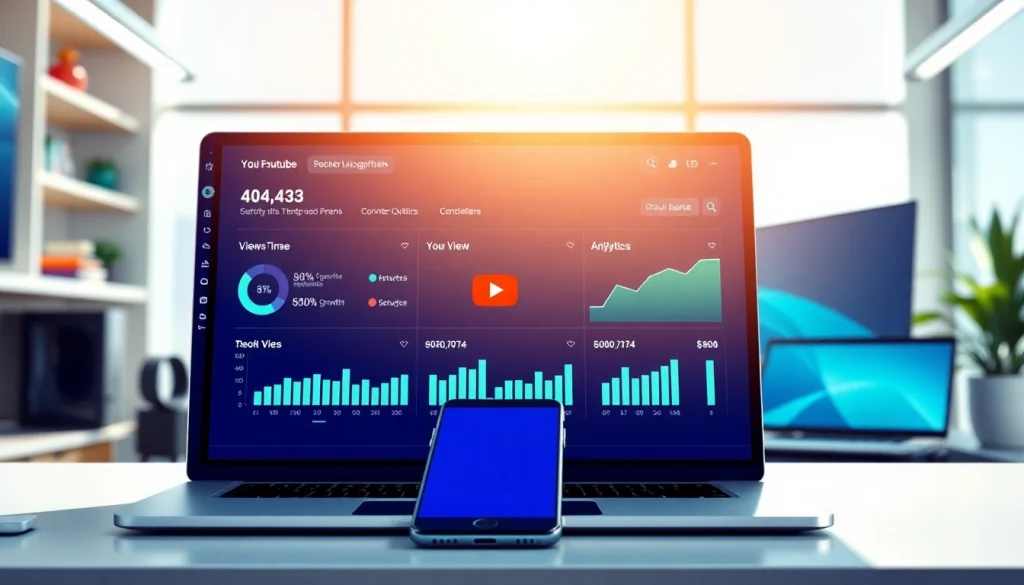 Engaging representation of a youtube smm panel with analytics in a modern workspace setting.
