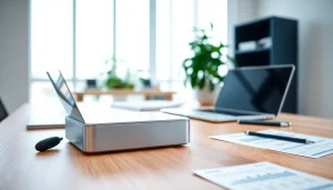 Showcase of the C 168 gadget in a modern office setting emphasizing professionalism and innovation.