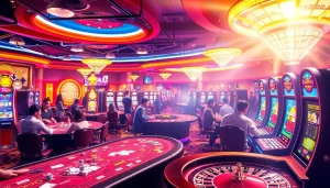 The captivating casino atmosphere at KJC AC 2, filled with card games, roulette wheels, and slot machines.