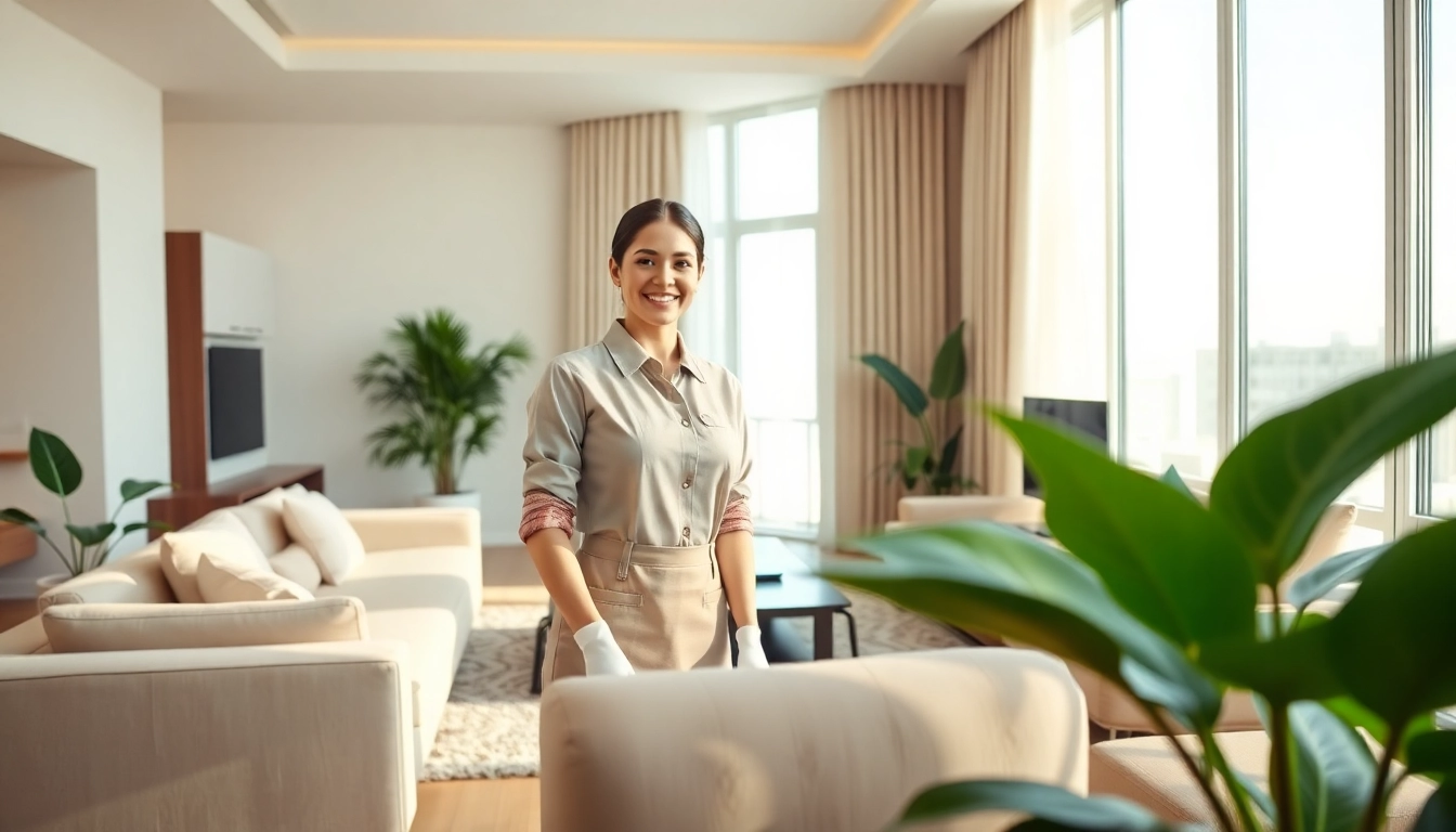 Maid Abu Dhabi delivering professional cleaning services in a sunny apartment.