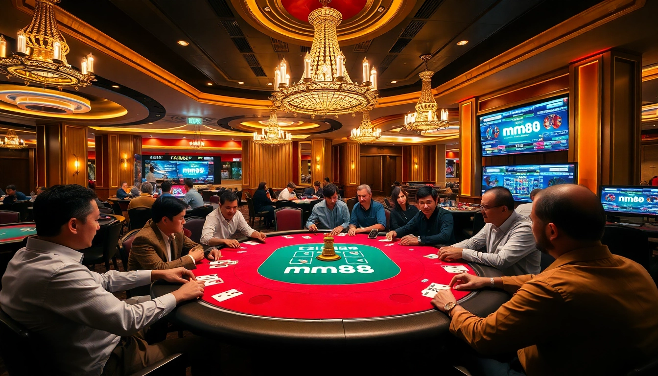 Experience mm88's thrilling poker game atmosphere with elegant tables, vibrant players, and high-stakes excitement in a luxurious casino setting.