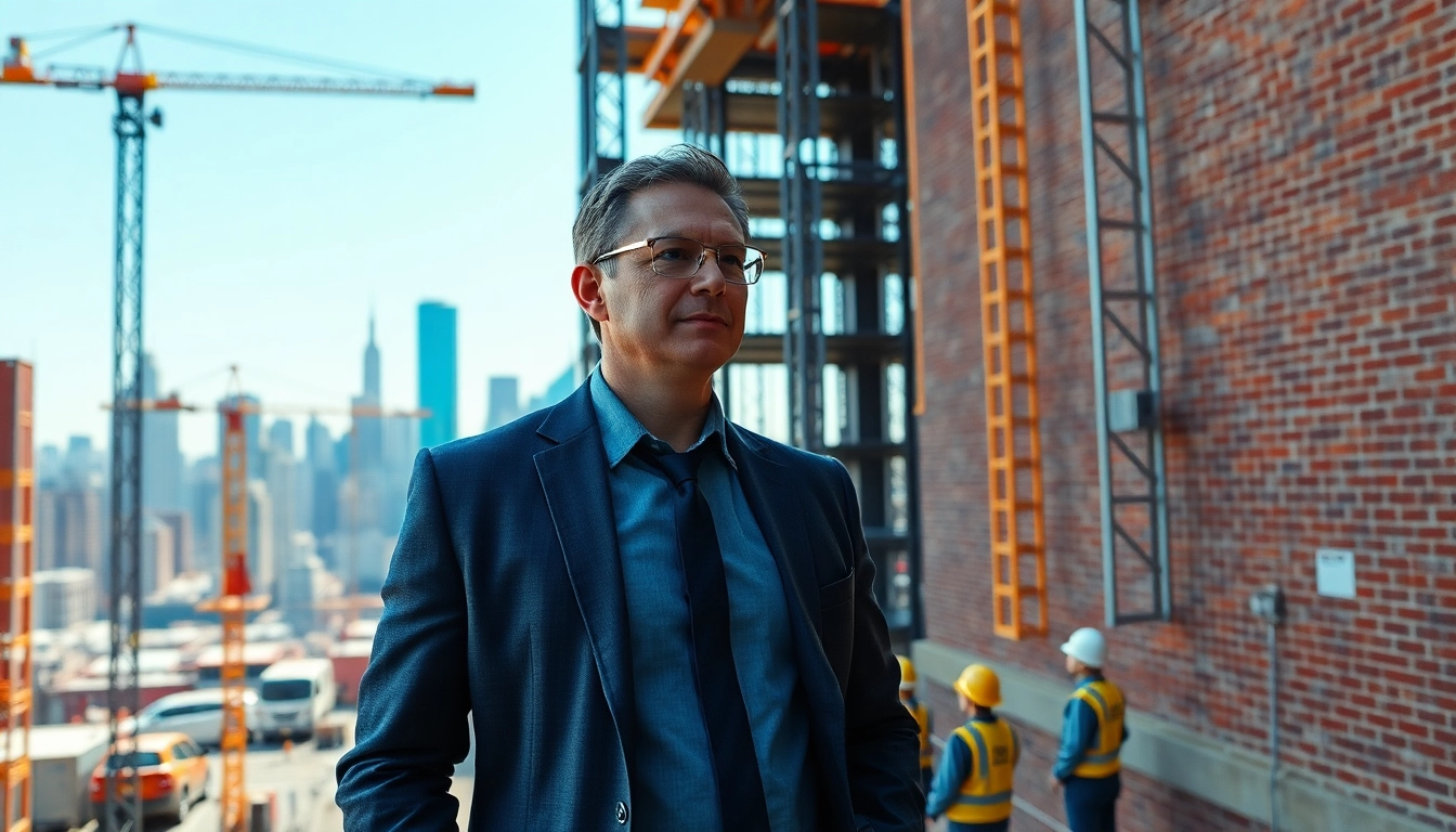 New York Construction Manager leading a vibrant construction site in an urban setting.