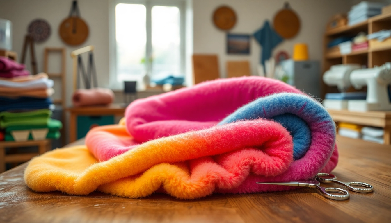 Fleece-stof in een warme werkplaats met zachte texturen en levendige kleuren.
